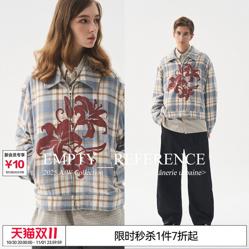 EMPTY REFERENCE 蓝棕格纹毛呢花朵印花宽松拉链翻领格子夹克外套