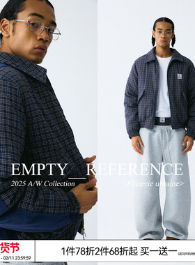 EMPTY REFERENCE 蓝色格纹灯芯绒拼接复古短款夹克棉服宽松厚外套