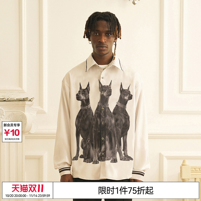 印花条纹立领美潮复古长袖衬衫