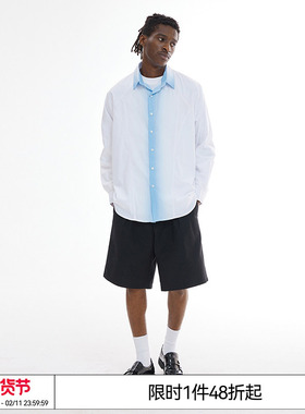 特惠6折起EMPTY REFERENCE白蓝条纹渐变分割长袖衬衣印花外搭衬衫