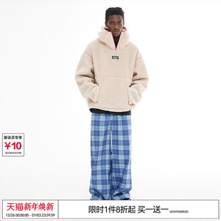 EMPTY 复古撞色拉链口袋仿羊羔绒连帽卫衣套头外套 REFERENCE美式