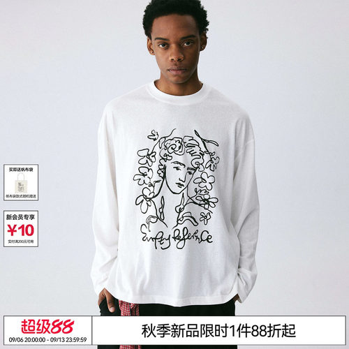 EMPTY REFERENCE白色打底上衣手绘缪斯人像印花雪花棉宽松长袖T恤