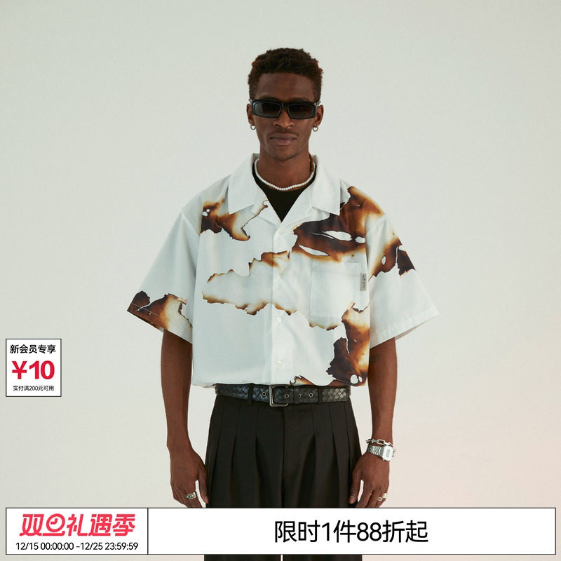 同款灰烬印花男女夏潮短袖衬衫