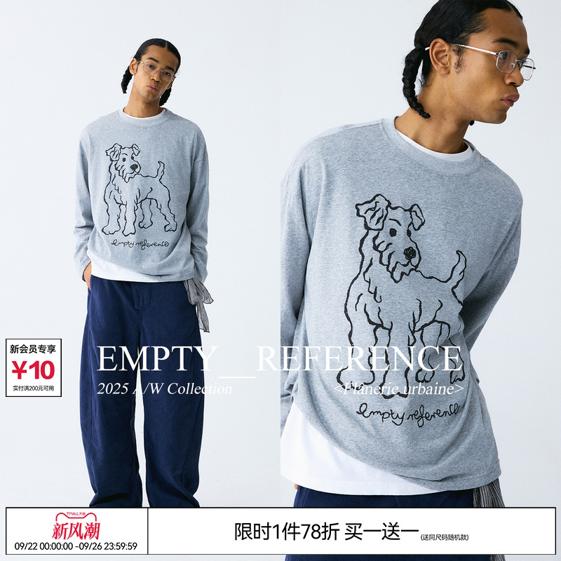 EMPTY REFERENCE雪花肌理手绘猎狐梗印花宽松上衣长袖T恤打底衫
