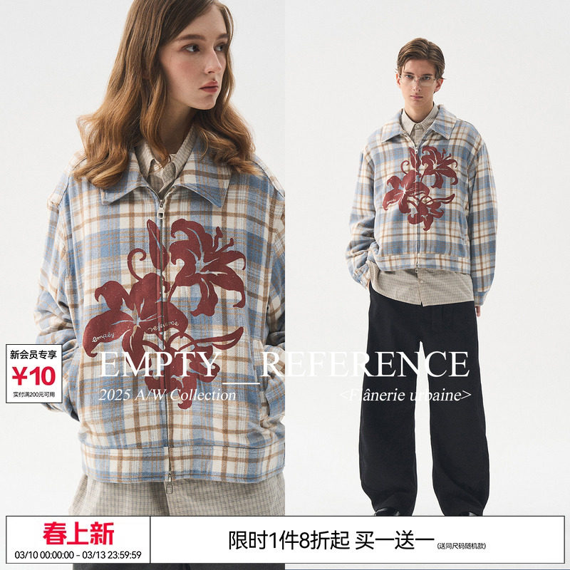 EMPTY REFERENCE 蓝棕格纹毛呢花朵印花宽松拉链翻领格子夹克外套
