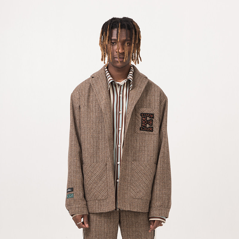 EMPTY REFERENCE咖色格纹复古西装外套中长款秋冬情侣宽松休闲_虎窝淘