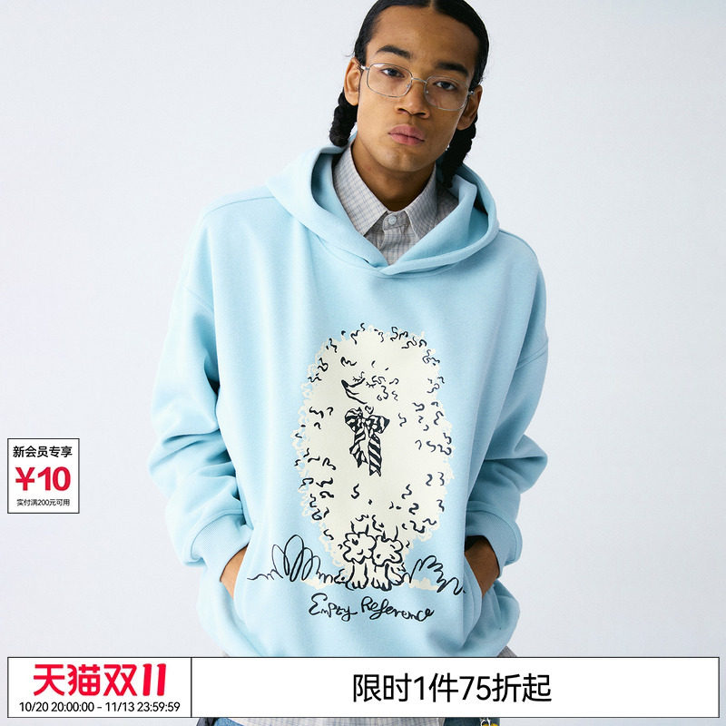 EMPTY REFERENCE蝴蝶结贵宾犬手绘印花蓝色宽松重磅长袖连帽卫衣