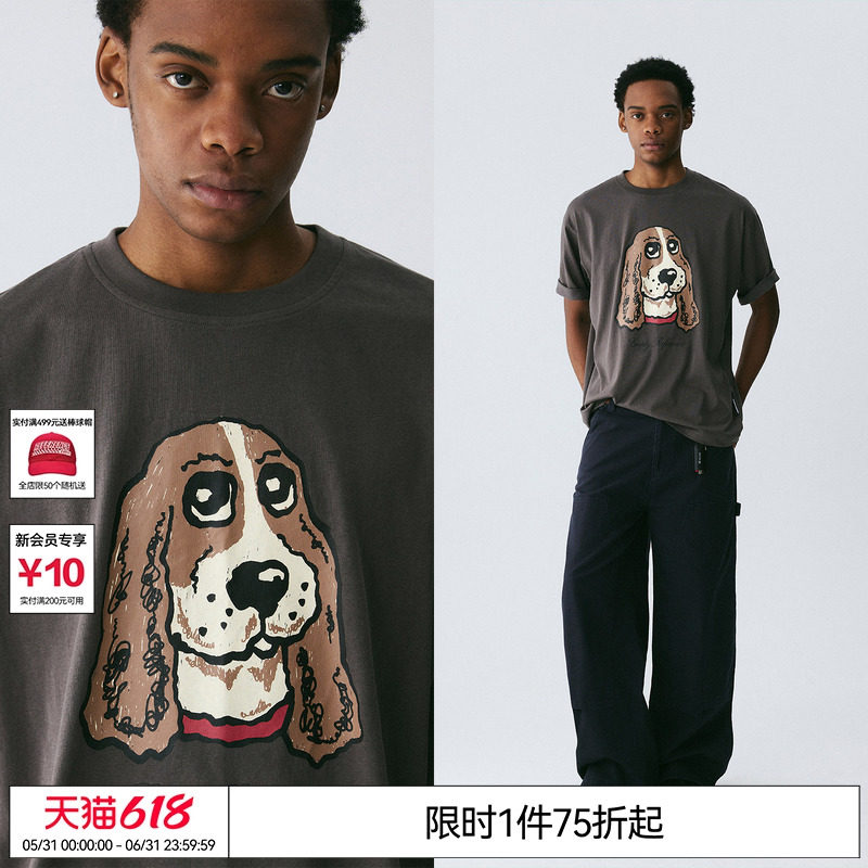 EMPTY REFERENCE炭灰色雪花棉肌理手绘可卡犬印花上衣透气短袖T恤