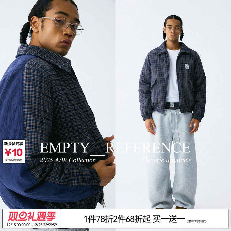 EMPTY REFERENCE 蓝色格纹灯芯绒拼接复古短款夹克棉服宽松厚外套