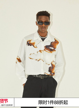 EMPTY REFERENCE原创灰白色灰烬印花美式复古长袖衬衫男女