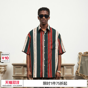 复古男女情侣款 EMPTY 衬衫 红绿条纹短袖 REFERENCE蔡维泽同款
