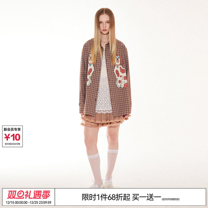 EMPTY REFERENCE美式复古手绘斑点狗印花格子长袖衬衫