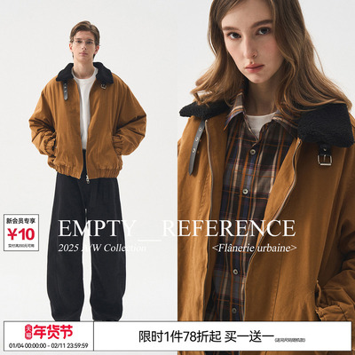 EMPTY REFERENCE 棕黄洗水毛领皮带调节扣重磅充棉夹克棉服外套