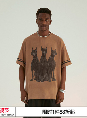 EMPTY REFERENCE杜宾犬印花圆领T恤夏季落肩情侣短袖 蔡程昱同款