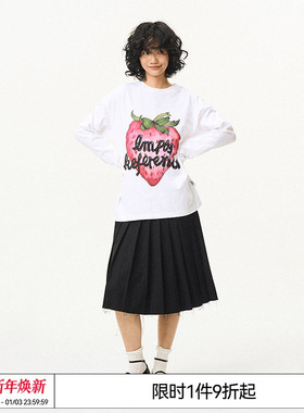 EMPTY REFERENCE美式复古原创水彩草莓圆领宽松上衣长袖T恤打底衫