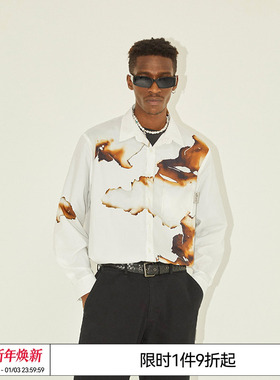 EMPTY REFERENCE原创灰白色灰烬印花美式复古长袖衬衫男女