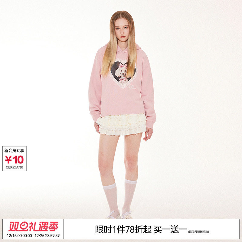 EMPTY REFERENCE美式复古原创蕾丝爱心小狗印花长袖连帽卫衣