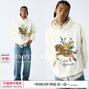 EMPTY REFERENCE小马与花朵手绘印花杏色宽松休闲重磅连帽卫衣