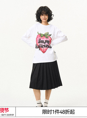 EMPTY REFERENCE美式复古原创水彩草莓圆领宽松上衣长袖T恤打底衫