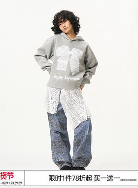 EMPTY REFERENCE美式复古原创无下摆蝴蝶结蕾丝印花长袖连帽卫衣