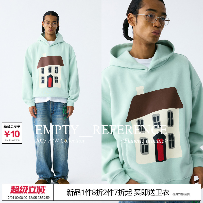 EMPTY REFERENCE薄荷绿手绘童话房子印花宽松长袖重磅连帽卫衣