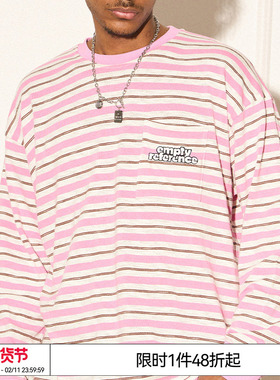 EMPTY REFERENCE美式复古双色条纹长袖印花LOGO立体撞色T恤内搭