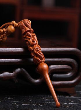 挖耳勺木制双鱼耳勺桃木钥匙扣耳勺汽车钥匙扣挂件老式掏耳朵勺