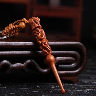 挖耳勺木制双鱼耳勺桃木钥匙扣耳勺汽车钥匙扣挂件老式掏耳朵勺