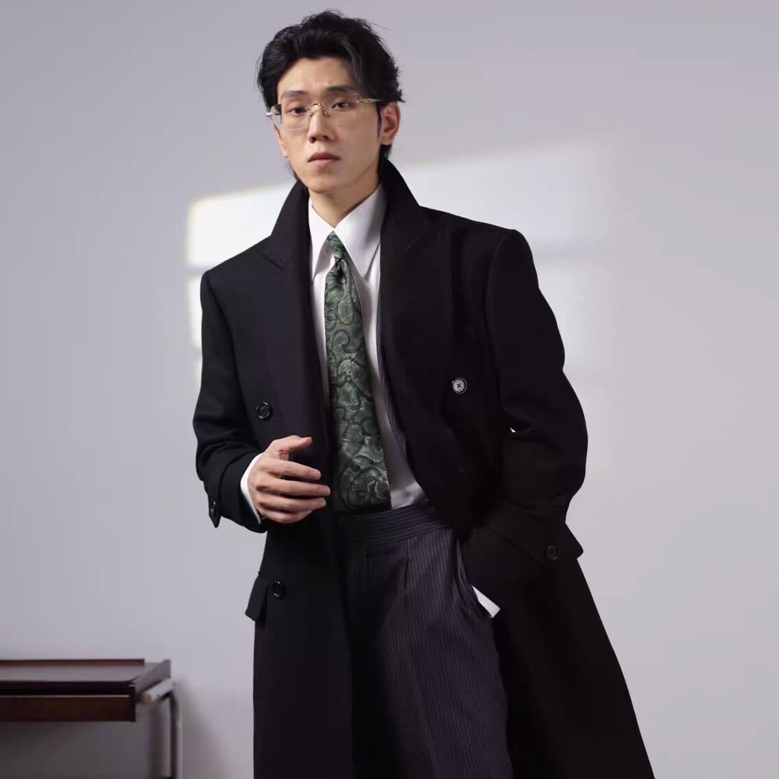 冬商务黑色羊毛男士长款马球大衣