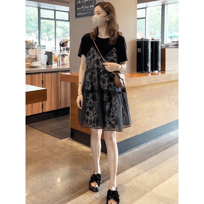 法式高级感网纱拼接短袖连衣裙女2026新款夏季时尚洋气假两件裙子