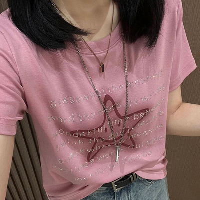 女士t恤短袖2026夏季新款洋气字母烫钻韩版时尚百搭显瘦上衣薄款