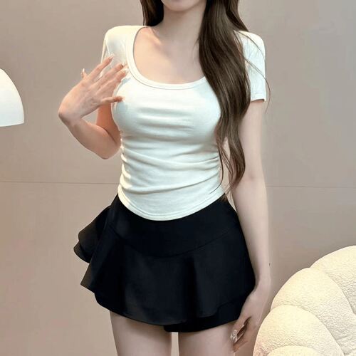 纯欲辣妹U领短袖T恤女夏季褶皱设计性感收腰显瘦纯色短款内搭上衣