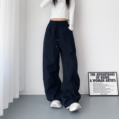 大码黑色休闲阔腿裤女秋季新款胖mm宽松显瘦200斤压褶工装长裤子