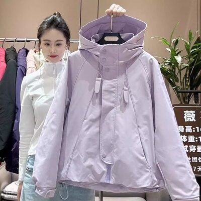 春秋新款韩版小香风设计感气质运动风衣女大码连帽冲锋衣夹克外套