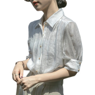 白色泡泡袖衬衫女设计感小众夏短袖法式高级感通勤气质雪纺上衣女
