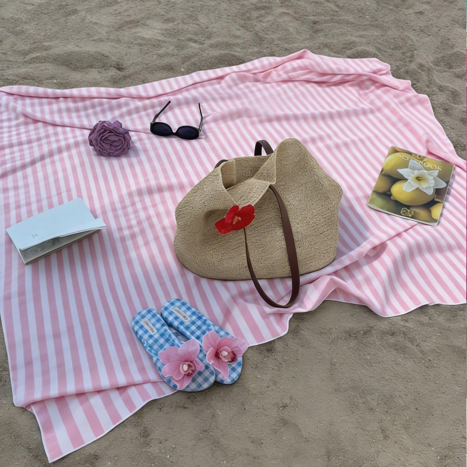 户外海边沙滩布拍照道具野餐布粉色条纹沙滩垫子三亚一次性野餐垫