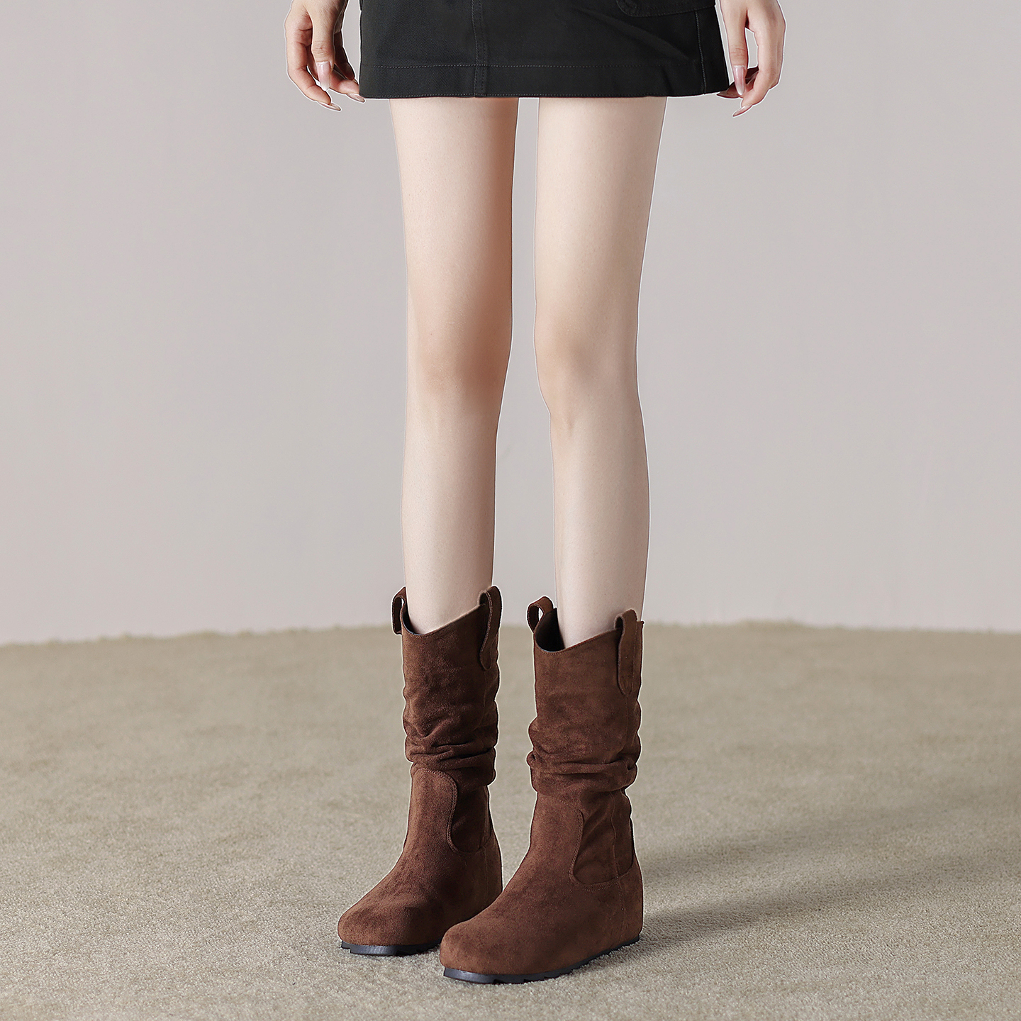 显瘦内增高美拉德西部牛仔中筒靴子女2025秋冬咖色巨好看短1118z