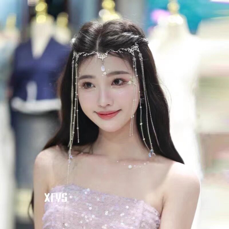 新款新娘水晶水滴链条发链额饰｜