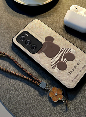 适用opporeno12手机壳新款潮牌布纹熊reno11pro保护套全包防摔10硅胶9带挂绳手链网红8pro+卡通男高级感7女款