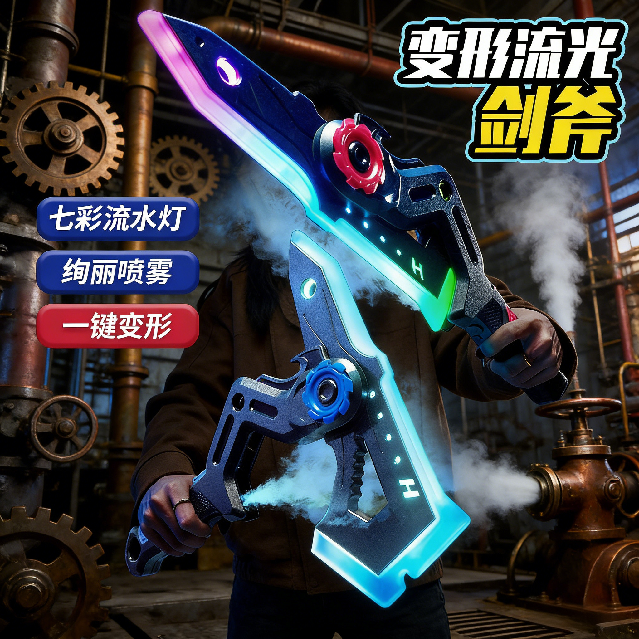 二合一喷雾战斧儿童炫酷七彩流光激光剑玩具声光斧头发光刀棒男孩,玩具/童车/益智/积木/模型,发光玩具,淘宝优惠券,粉丝福利购,淘宝优惠卷