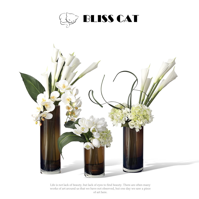 现代轻奢棕色直筒玻璃花瓶插花售楼处花艺软装客厅餐桌花器装饰品