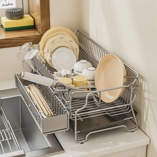 304不锈钢碗碟沥水架免安装厨房碗筷盘子收纳架多功能台面沥水篮