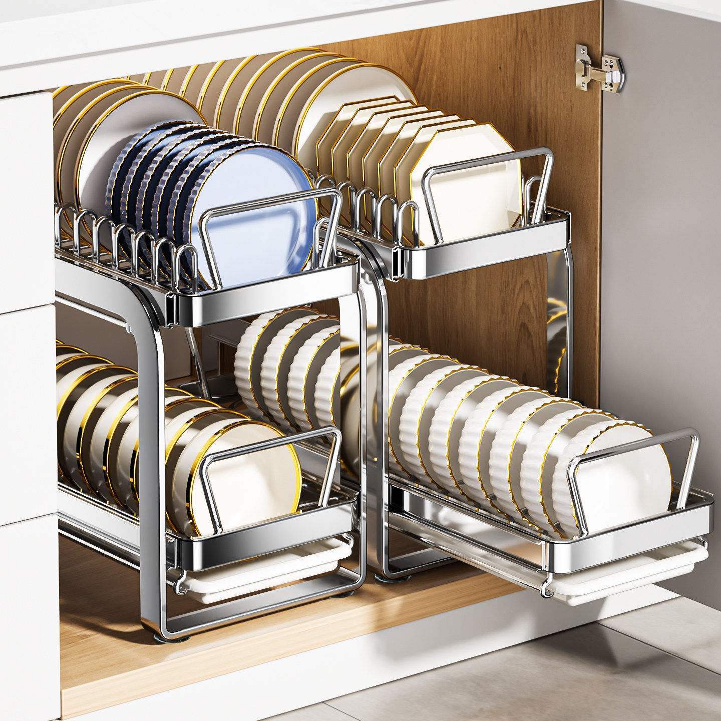 不锈钢厨房抽拉篮碗碟收纳架橱柜内置物架抽屉式放碗架碗盘沥水架