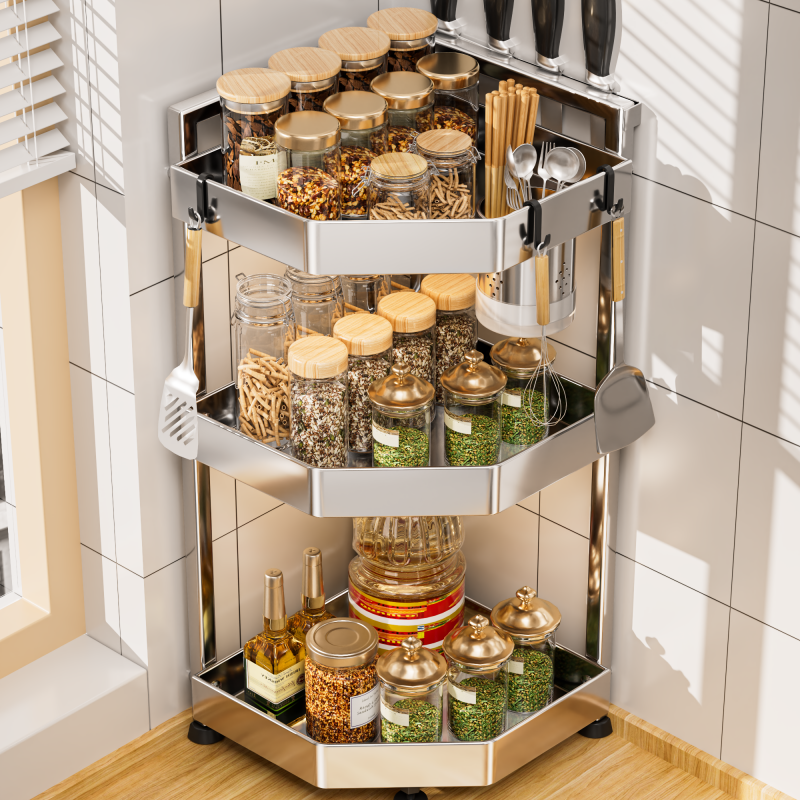 厨房转角调料置物架不锈钢调味品料三角收纳架多功能壁挂三脚架子