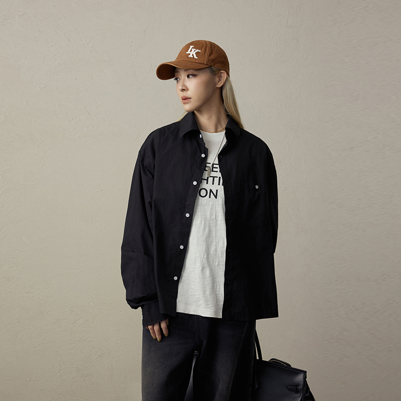 Lookun简约纯色衬衫男长袖基础宽松百搭情侣舒适棉质休闲衬衣外套