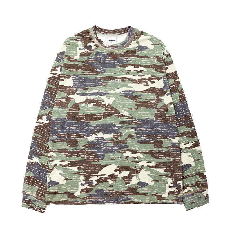 Lookun 绿野 复古迷彩做旧工艺圆领长袖T恤情侣宽松纯棉内搭春秋