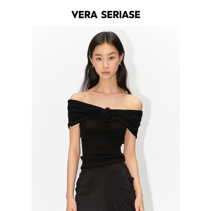 【Vera Seriase设计师品牌】2026夏季新款修身黑色一字领套头毛衫