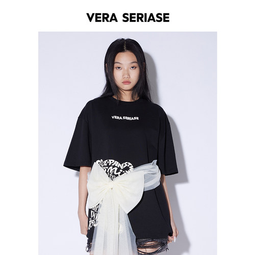 【Vera Seriase设计师品牌】春季新款时尚黑色圆领短袖T恤