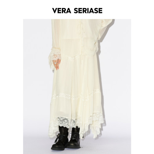 【Vera Seriase设计师品牌】2026秋季新款时尚杏色蕾丝拼接长半裙