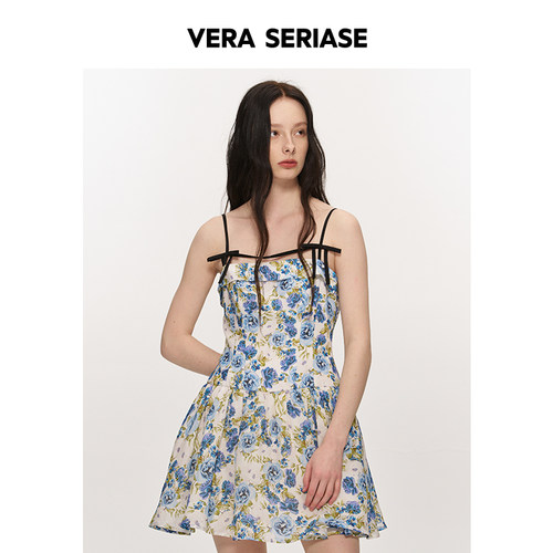 【Vera Seriase设计师品牌】夏季新款修身蓝花A字吊带连衣裙